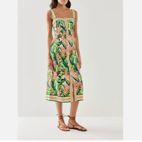 FARM Rio | Dresses | Farm Rio Heli Leaves Button Front Linen Midi Dress |  Poshmark